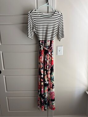 Striped Top Floral Maxi Dress in Black and Multicolor